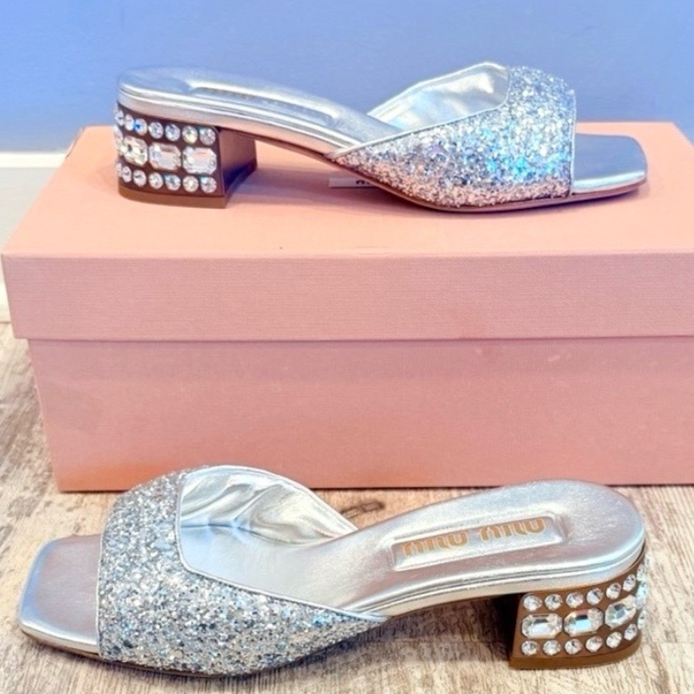 Miu Miu Silver Glitter Mules